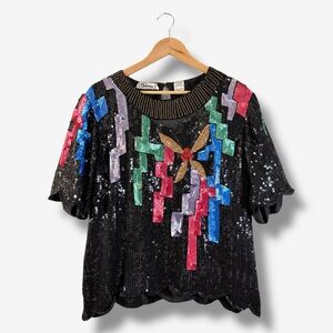 Vintage Channa Black Silk Sequin Top Size 2X 80s 90s Hollywood Glam Party Formal